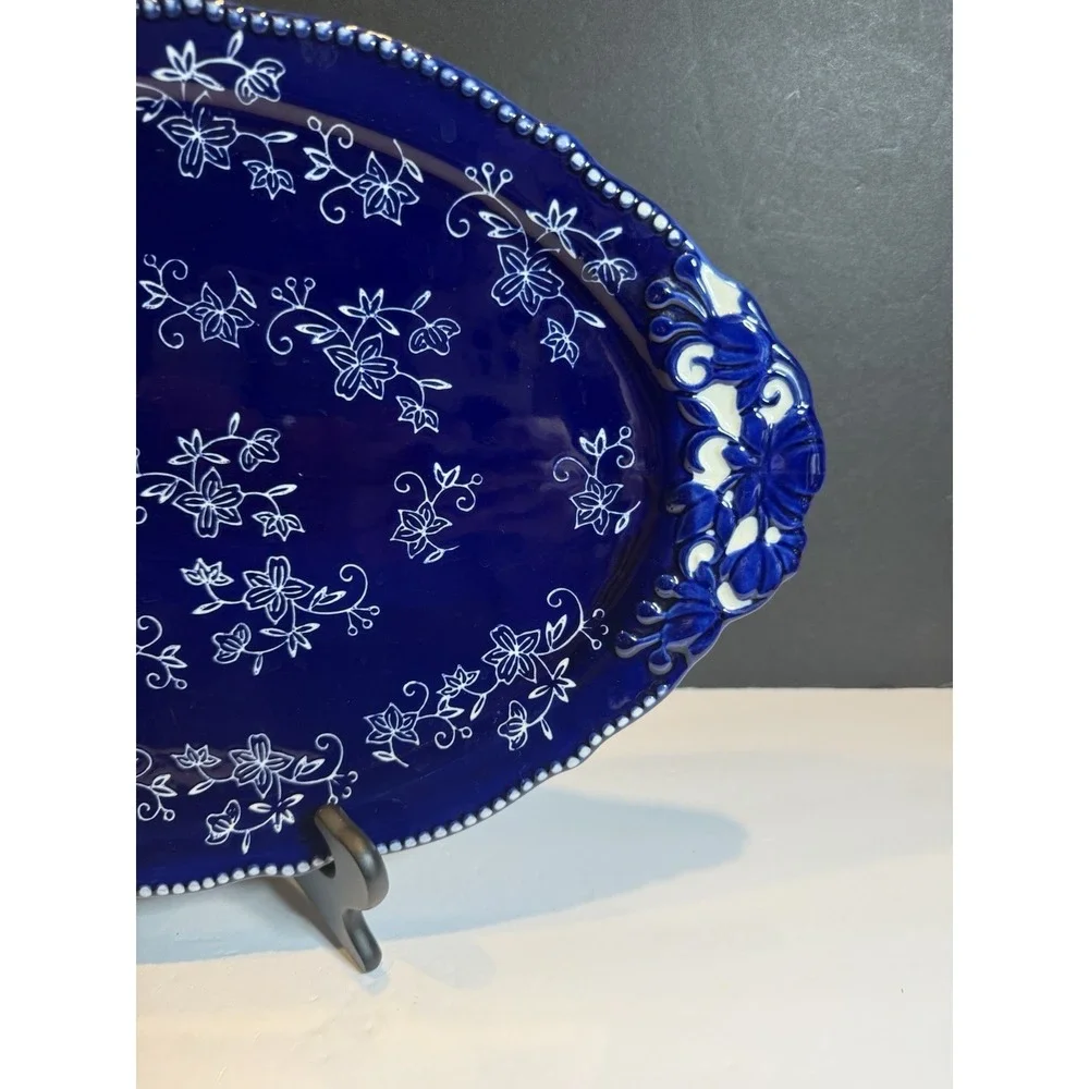 Temp-tations by Tara Floral Lace Cobalt Blue Oval Serving Platter 18.5